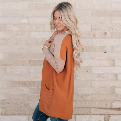 Women's Orange Pocket Color Matching Long-sleeved Top T-shirt