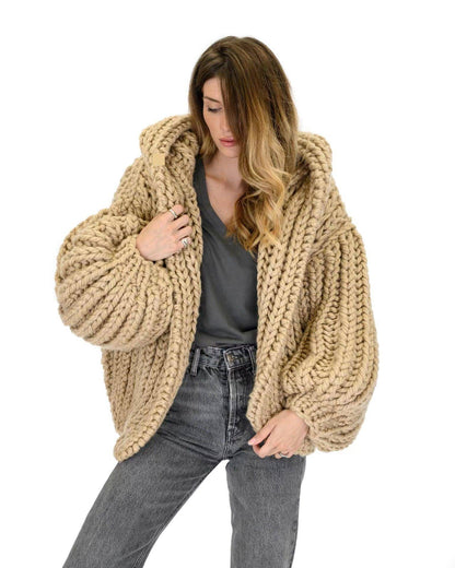 Loose And Hooded Cardigan Coat Handmade Knitting Needle Women's Knitted Sweater