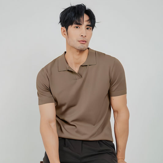 Lightly Mature Men's Lapel Knitted Polo Shirt Solid Color Short Sleeve T-Shirt