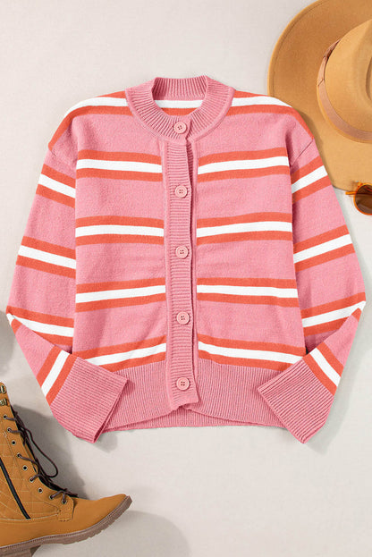 Maglione cardigan con bottoni sulla spalla cadente a righe rosa