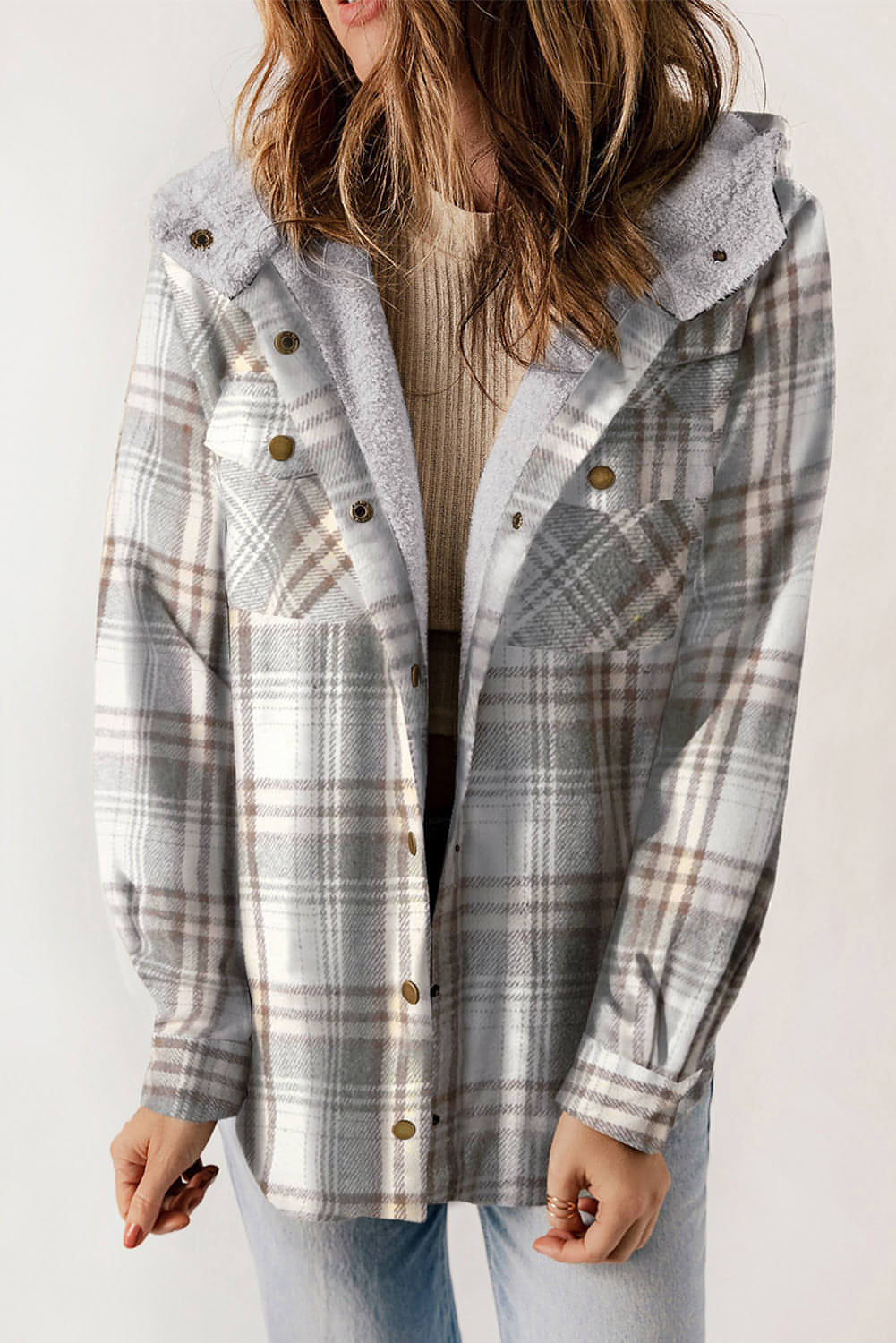 Gray Plaid Pattern Sherpa Lined Hooded Shacket