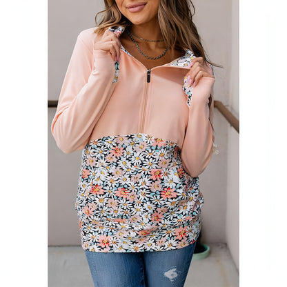 Loose Half Zipper Hooded Sweater Women's Stitching Floral Print Pullover