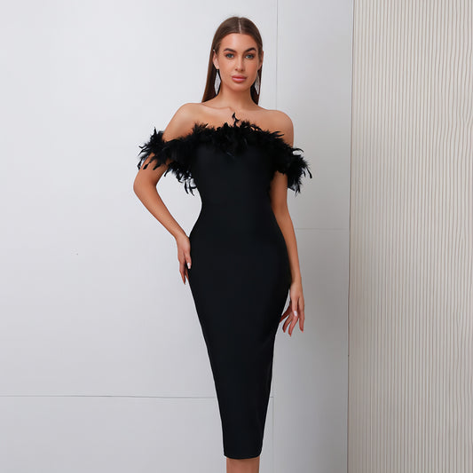 Off-neck Feather Women's Dress