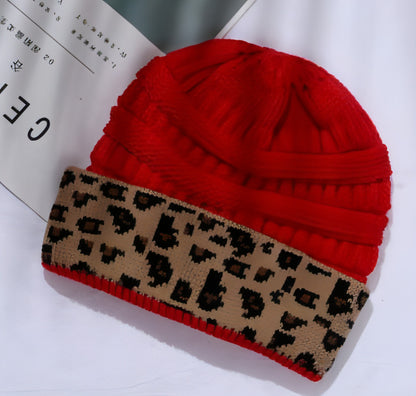 Ladies Autumn Winter Leopard Print Cuffed Acrylic Knitted Hat