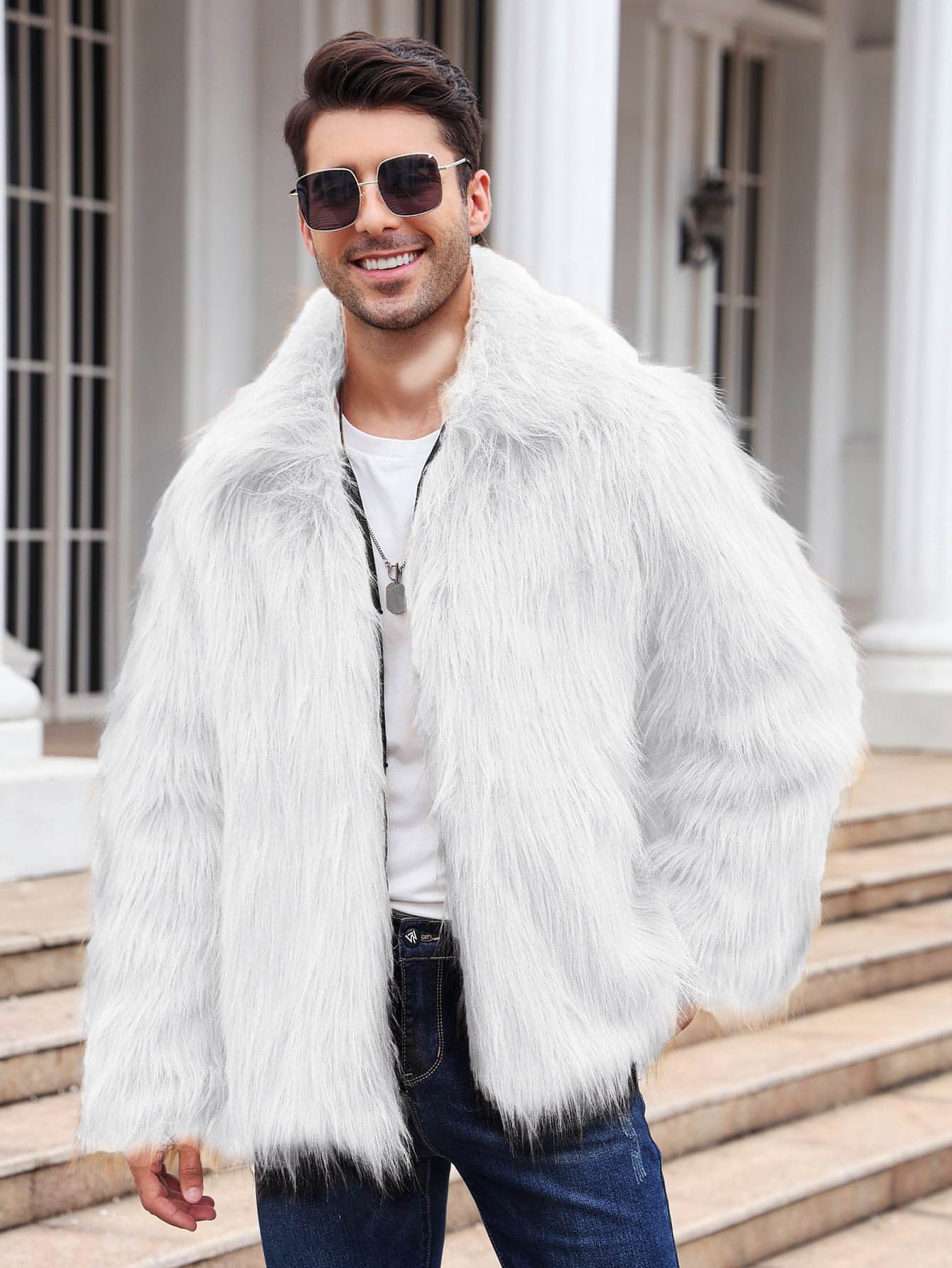 European And American Men's Lapel Short Faux Fur Jacket Warm Coat Overcoat