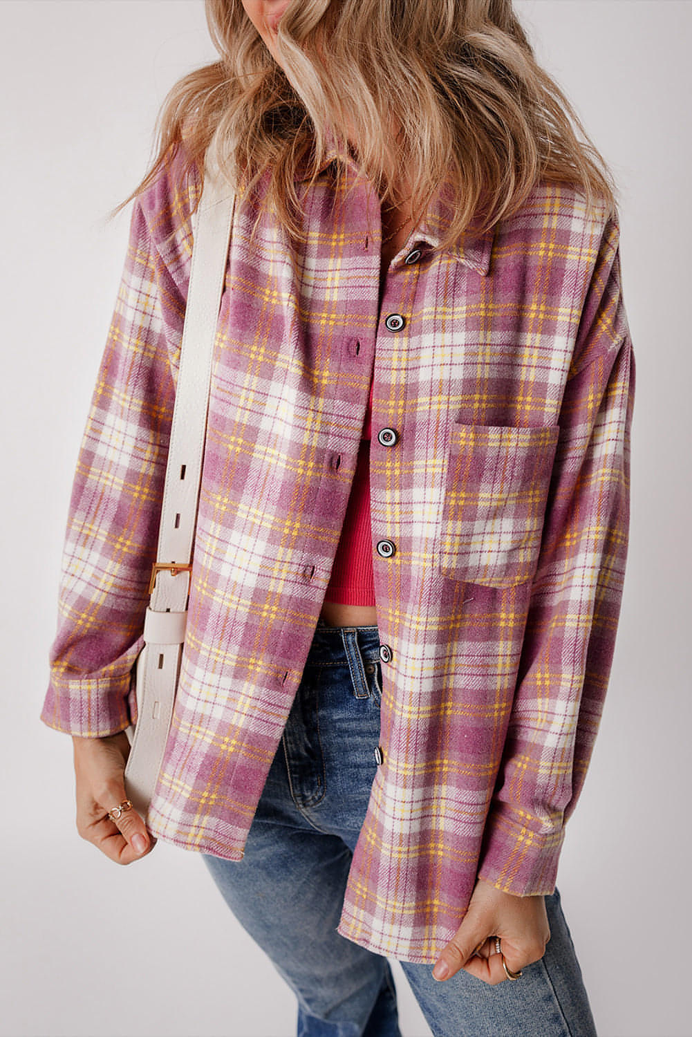 Pink Plaid Print Chest Pocket Long Sleeve Shacket