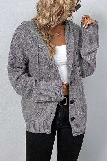 Cardigan in maglione con spalle scese e bottoni con cappuccio con coulisse grigio medio