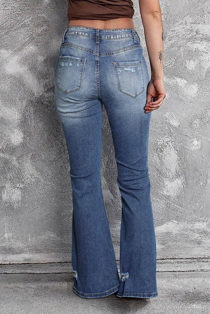 Blauwe noodlijdende flare jeans