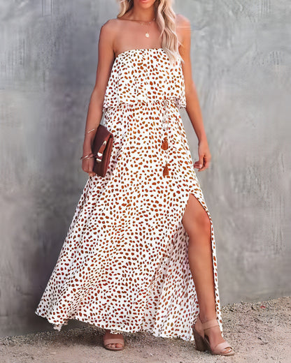 Leopard Print Floral-print Off-shoulder Ruffled Slit Dress