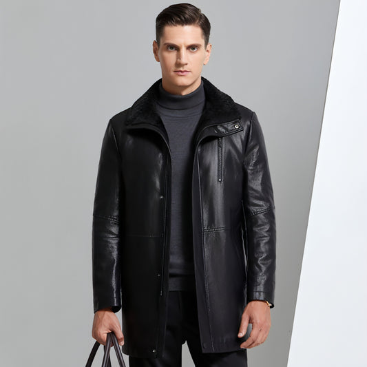 Real Leather With Fleece Lining Thickened Middle-aged Men's Leather Jacket