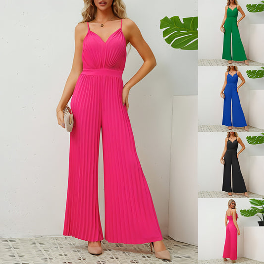 Jumpsuit mit V-Ausschnitt und Hosenträgern und Falten für Damen