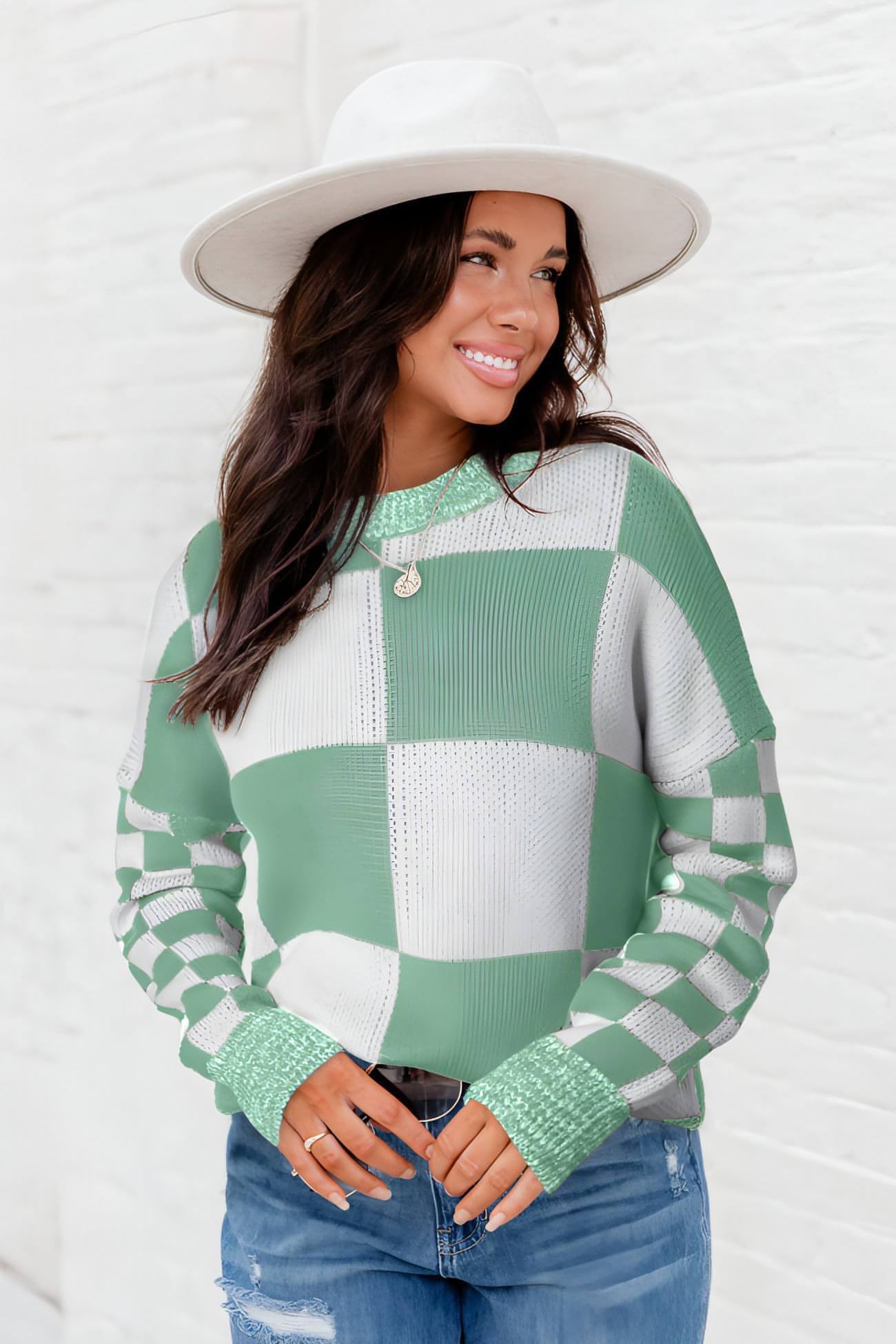 Maglione con spalle scese con stampa a quadretti verde menta