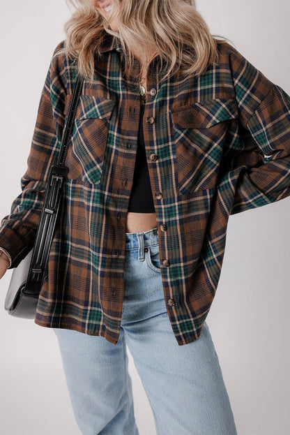 Bruine plaid print borstzakken geknoopt shirt jas