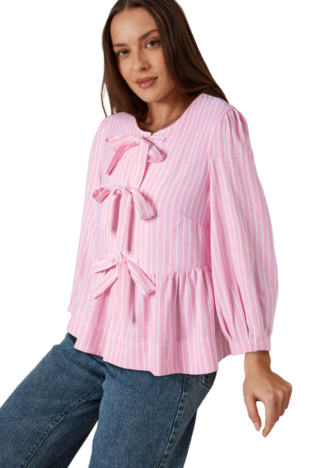 Pink Stripe Bowknot Front Crew Neck Puff Sleeve Bluse