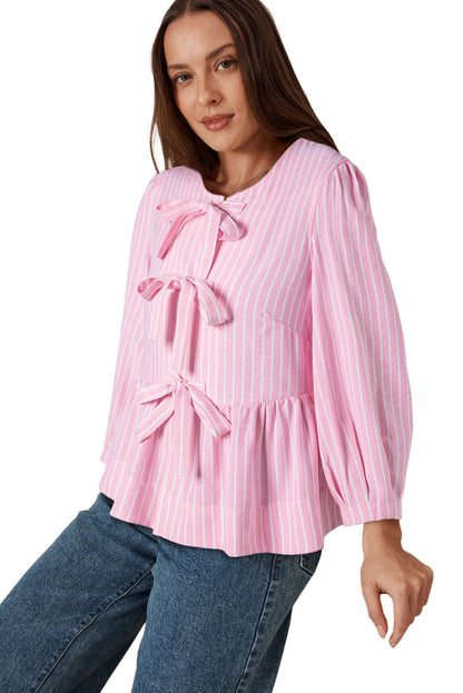 Pink Stripe Bowknot Front Crew Neck Puff Sleeve Bluse