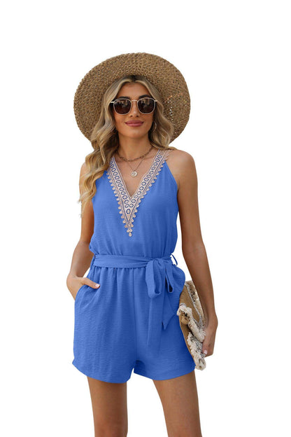 A.1 Casual Lace V-neck Sleeveless Belt Jumpsuit