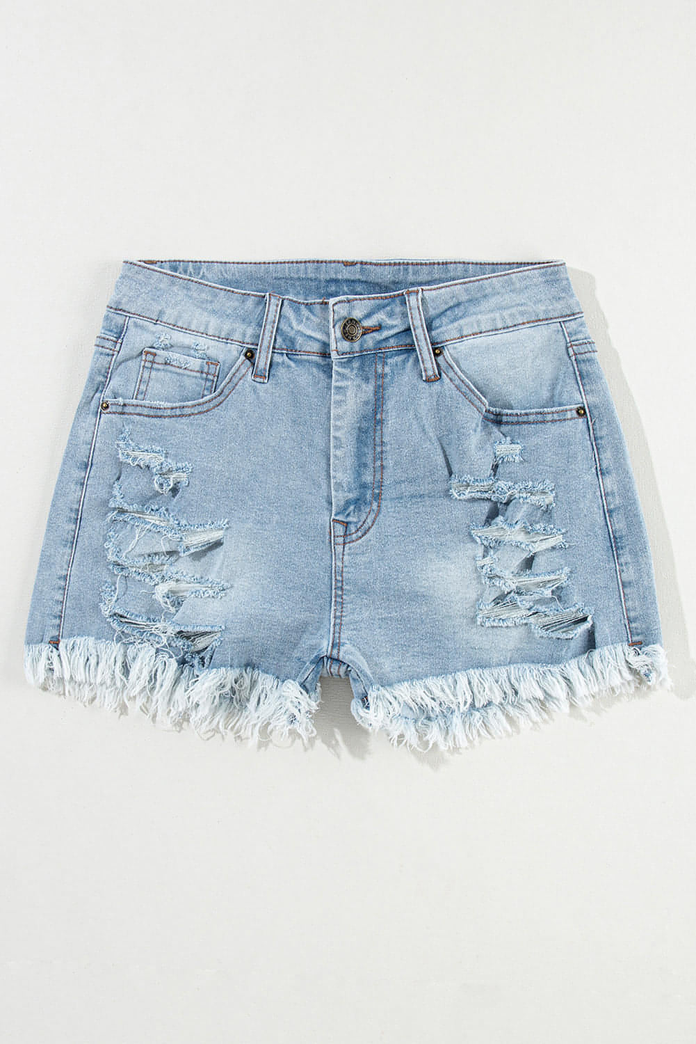 Light Blue Distressed Ripped Raw Hem High Waist Denim Shorts