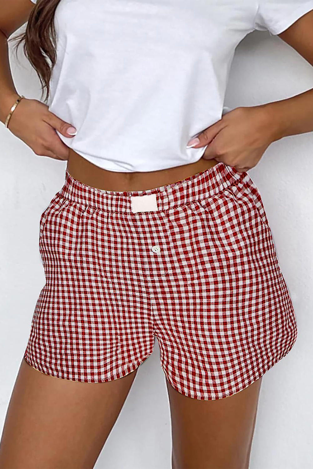 Rød pledd Gingham-trykt shorts med høy midje