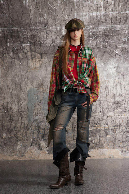 1. Irregular Spliced Plaid Blouse Women DressShirt