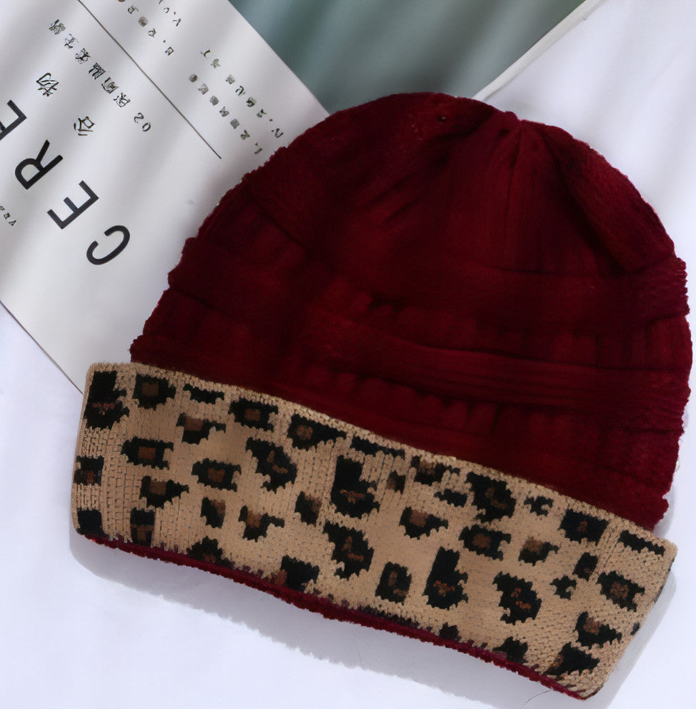 Ladies Autumn Winter Leopard Print Cuffed Acrylic Knitted Hat