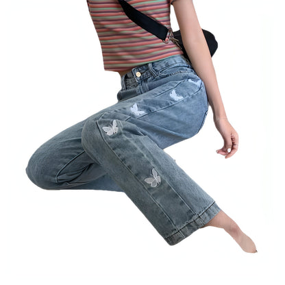 Jeans retos bordados com borboletas soltas frouxas femininas