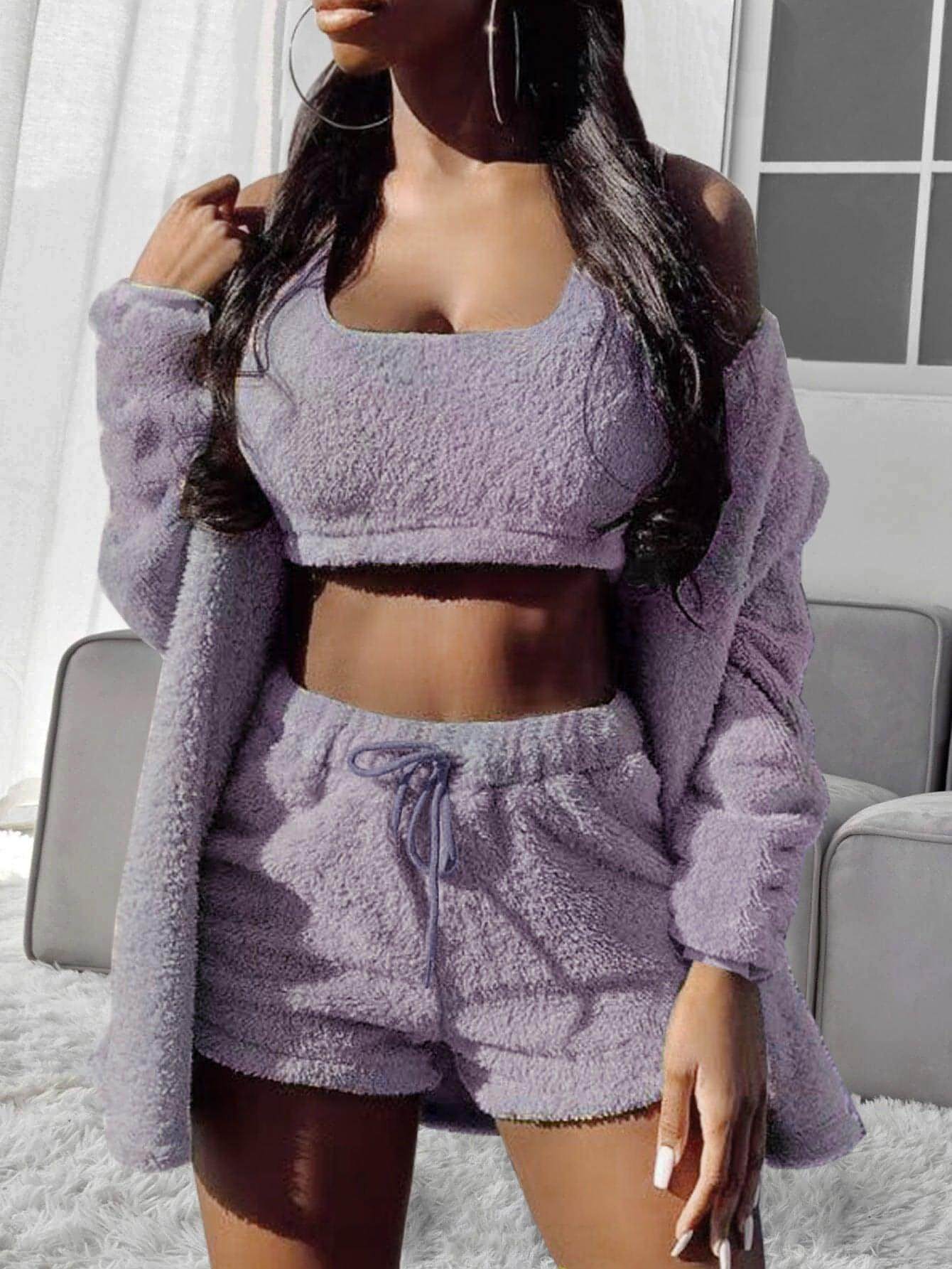 Suits 3pcs Winter Solid Color Double-sided Plush Warm Thickened Hooded Set Pajama