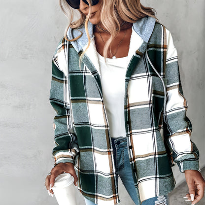 Women's Wear Solid Color Plaid Hooded Jacket