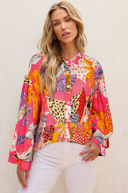 Red Abstract Floral Print Buttoned Ruffled Bubble Sleeve Shirt