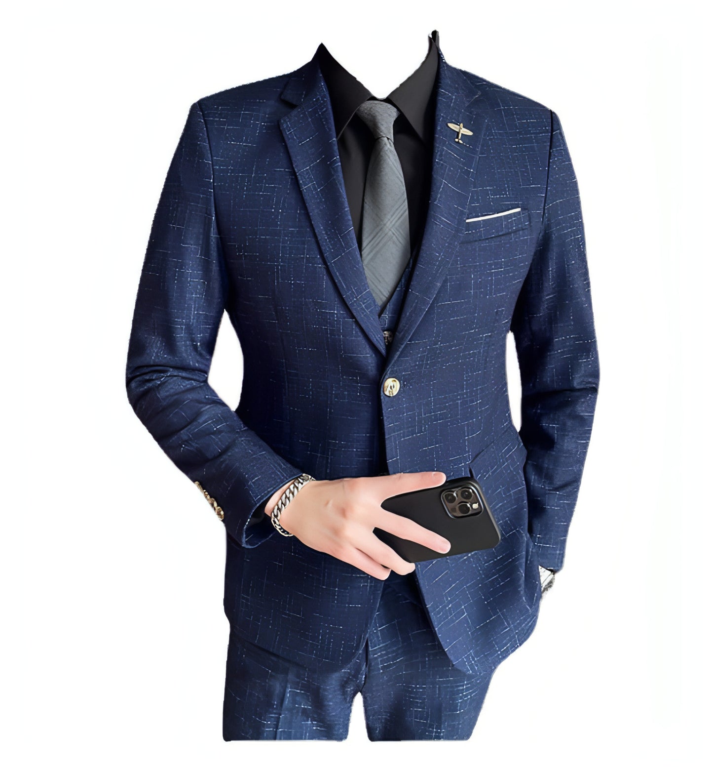 Mode Mesh Plaid Men Tuxedo Three-Piece Suit