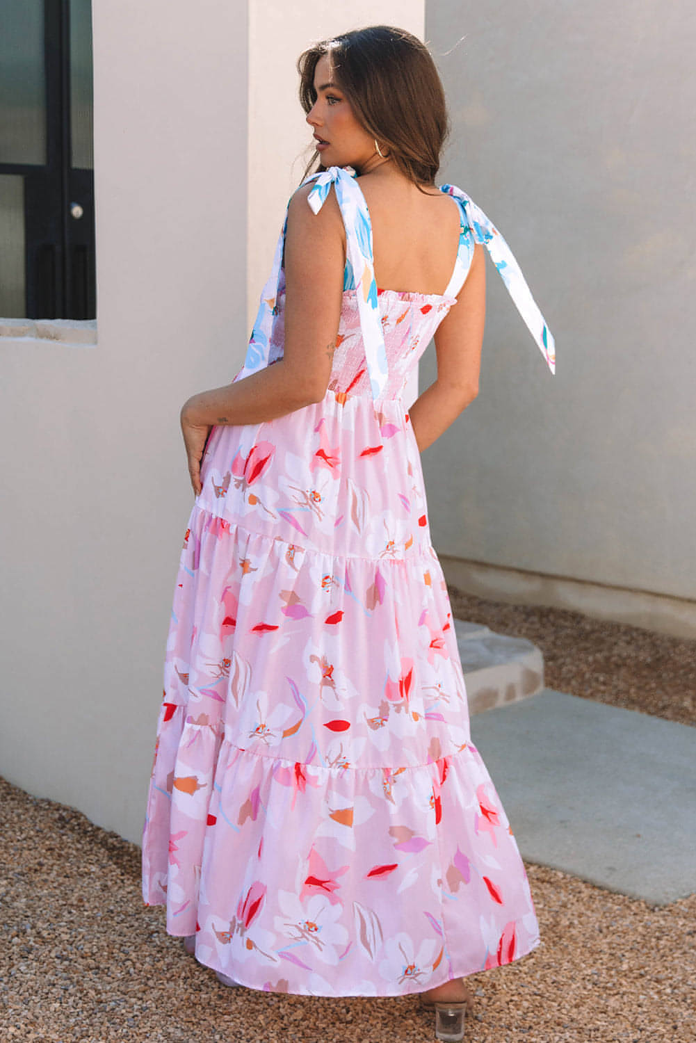 Rosa Floral Print Knotted Shoulder Smocked Maxi Dress