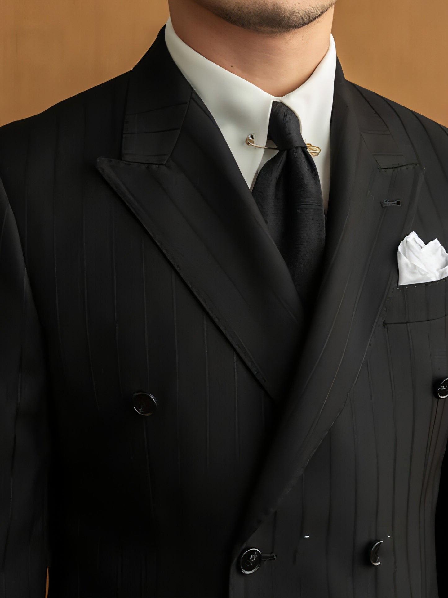 Handsome Man Versatile Black Striped Double Breasted Suit