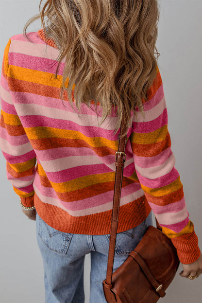 Orange Color Block Ribbed Edge Round Neck Sweater