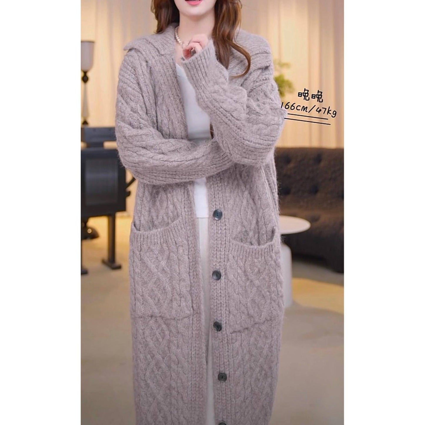 High Collar Thickened Twist Sweater Coat, Gray Cozy Over-knee Knitted Cardigan Long Sweater