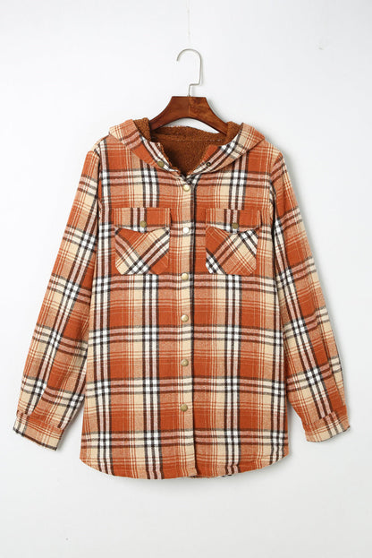 Orange Plaidmuster Sherpa ausgekleidete Kapuze -Shacket