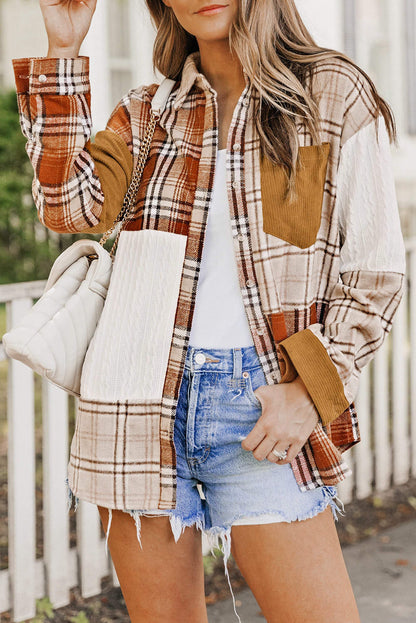 Orange Plaid Farbblock Patchwork -Hemdjacke mit Tasche