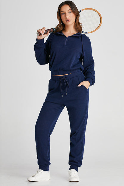 Marineblauwe geribbelde gebreide cropped hoodie en joggingbroek met trekkoord