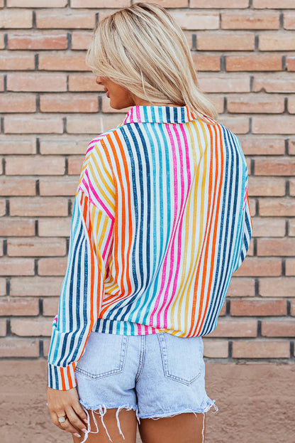 Camicia ampia con spalle scoperte multicolor a righe arancioni