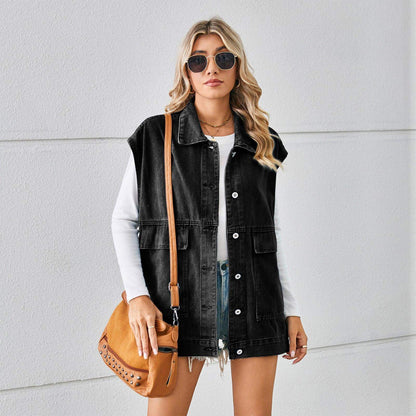 A.1 Denim Vest With Big Pockets Sleeveless Outwear Jacket for Women