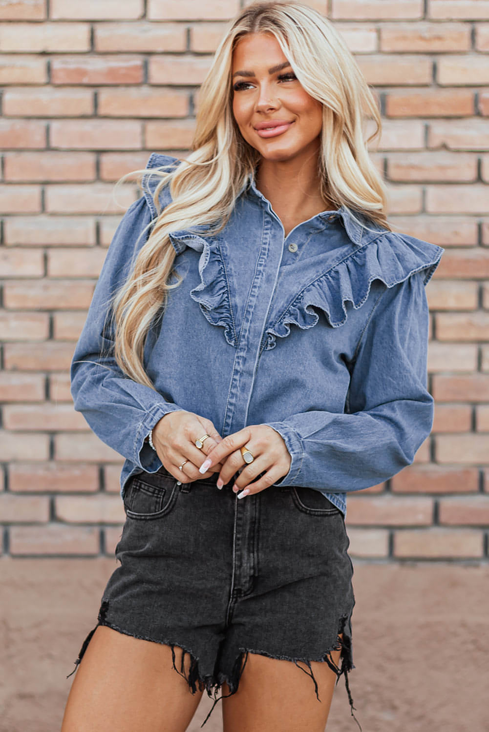 Skymning blå denim ruffled casual top