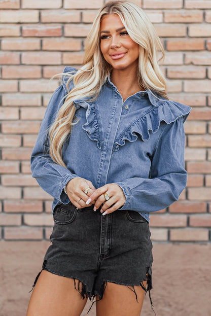 Dusk Blue Denim Ruffled Casual Topp