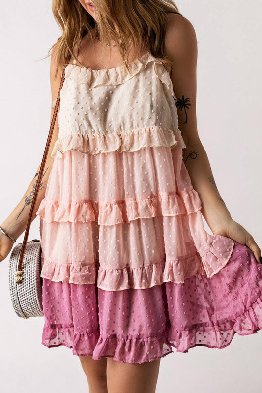 Pink Ombre Swiss Dot Ruffled Tieled Mini Dress