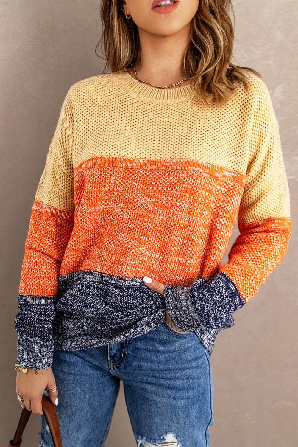 Blue Color Block Netted Texture Pullover Sweater