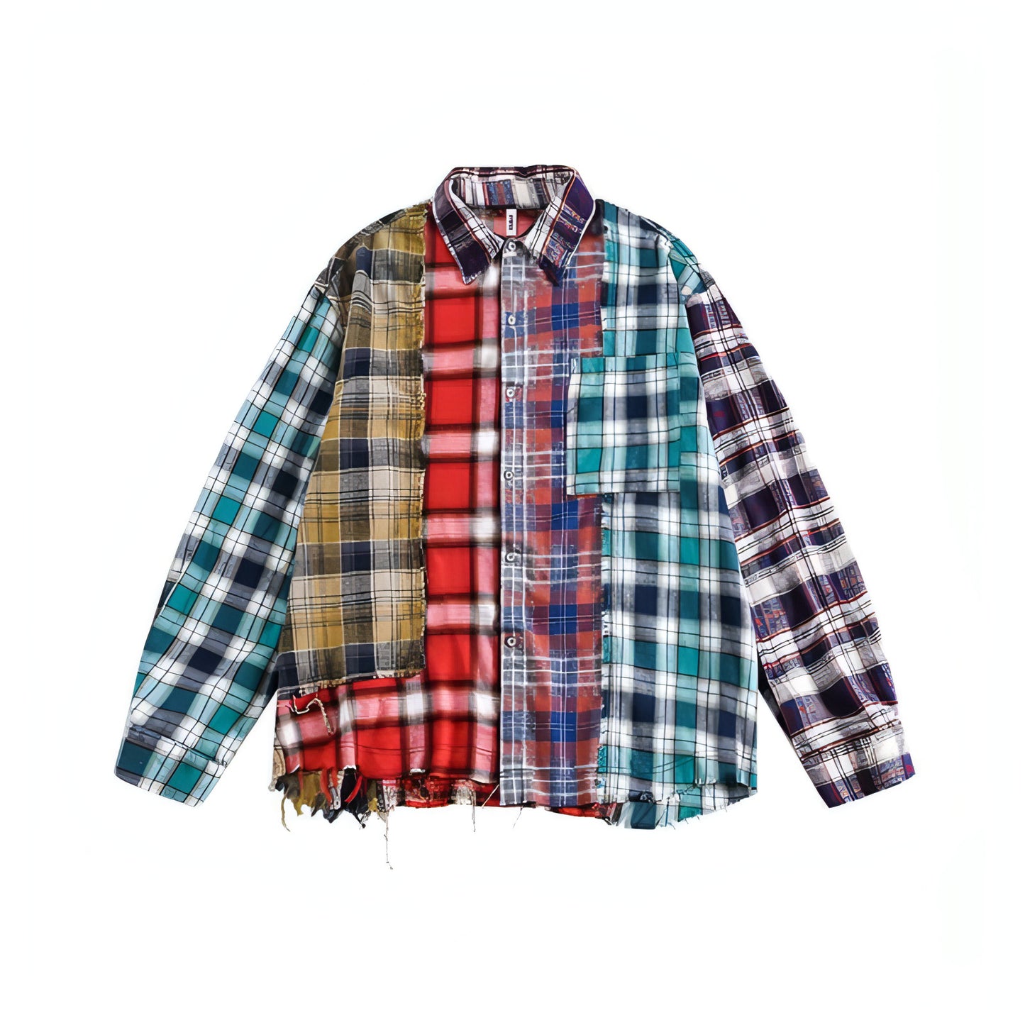 Multi-color Mosaic Plaid Fringed Hem Long Sleeve DressShirt Men