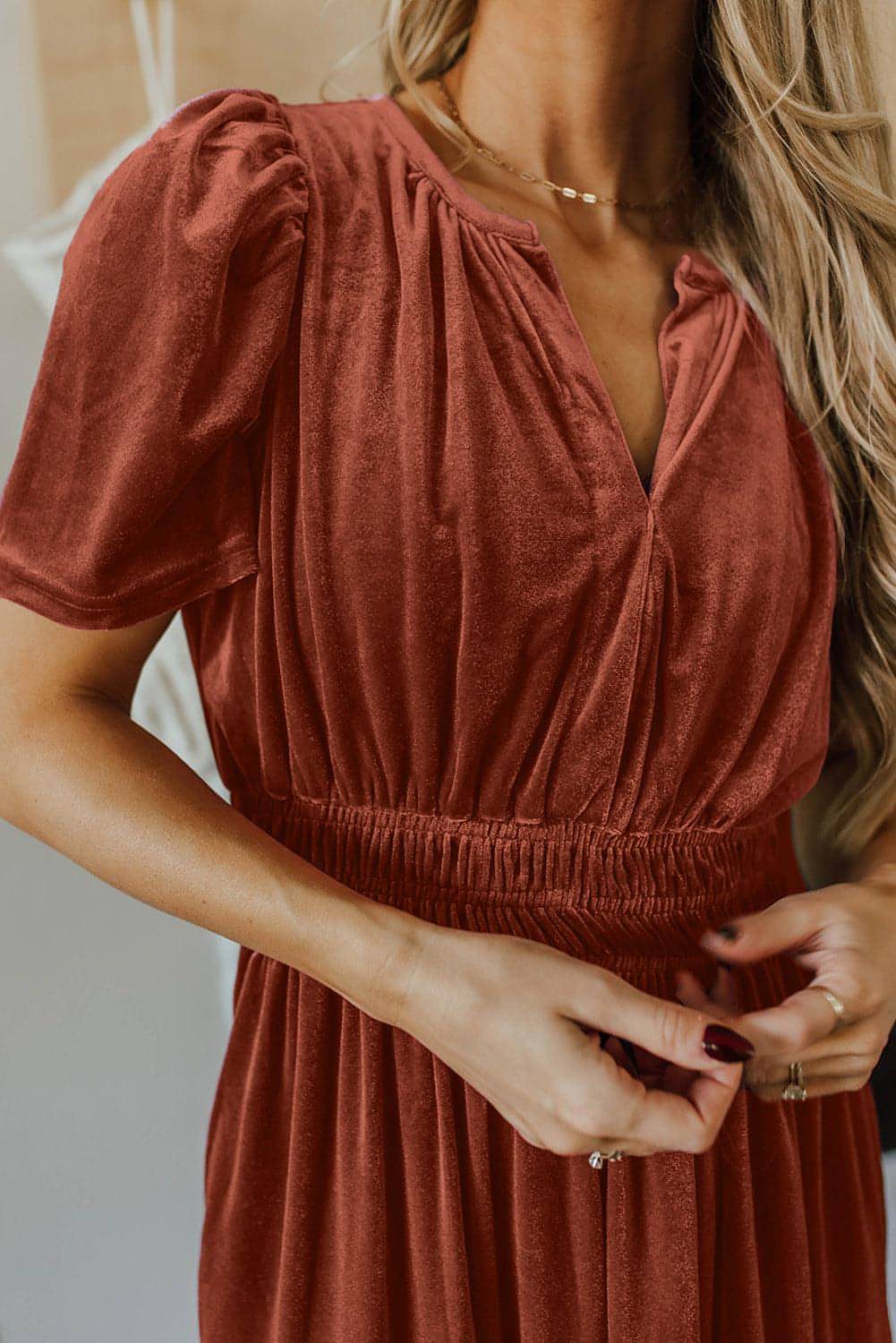 Chestnut Velvet Short Sleeve Shirred Waist Tiered Maxi Dress