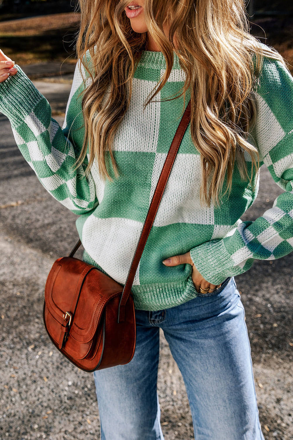 Mint Green Checkered Print Drop Shoulder tröja