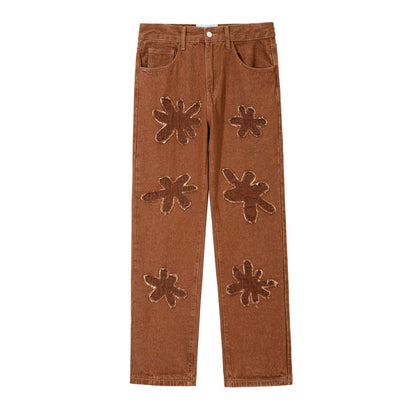 Retro Burnt Flowers Niche Wash Old Jeans For Men