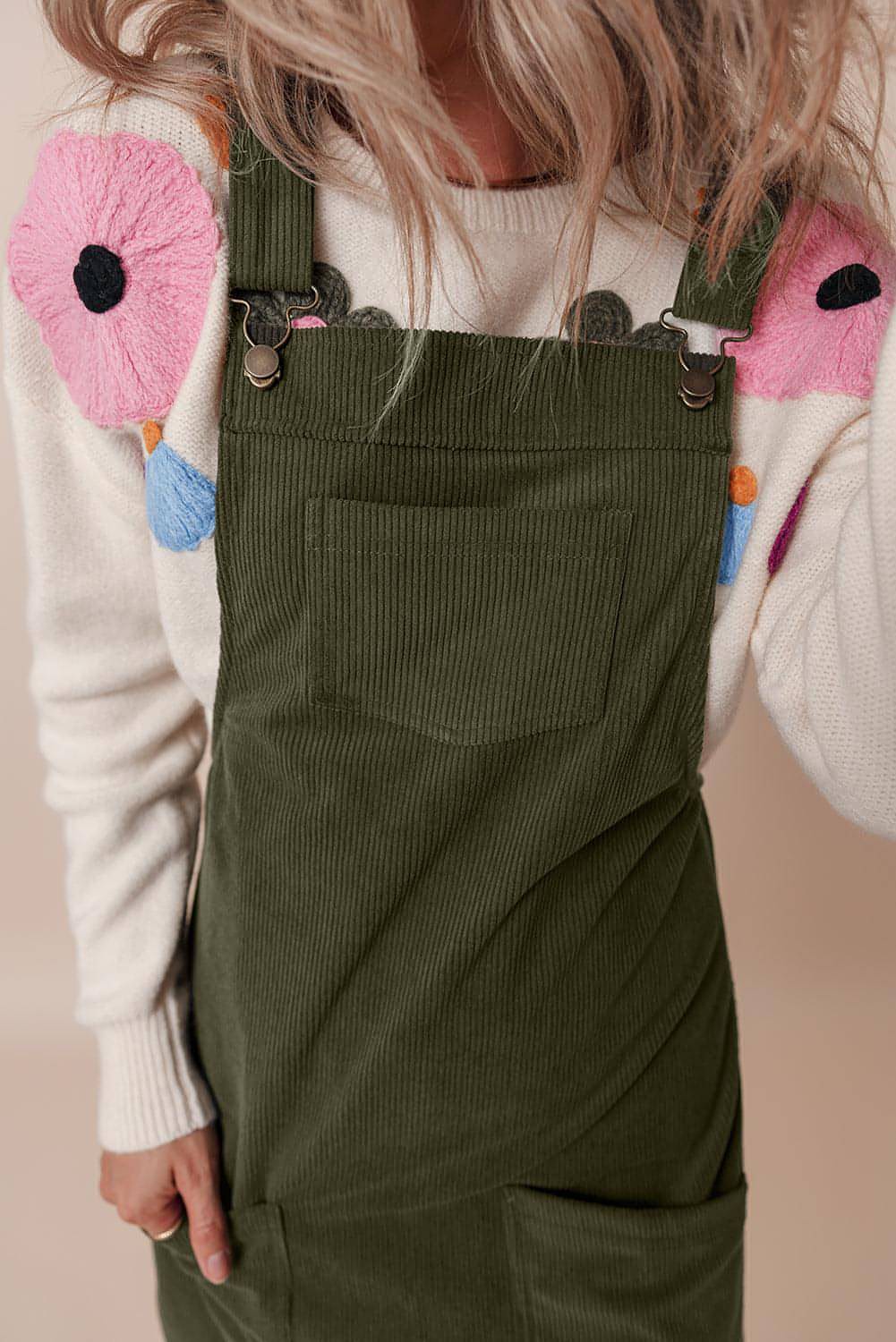 Vineyard Green Solid Frontlommer Ermeløs Corduroy Overall Dress