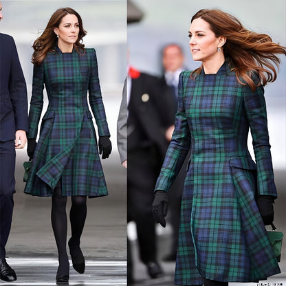 A1. Royal English Lapel Long Sleeve Plaid Waist Dress