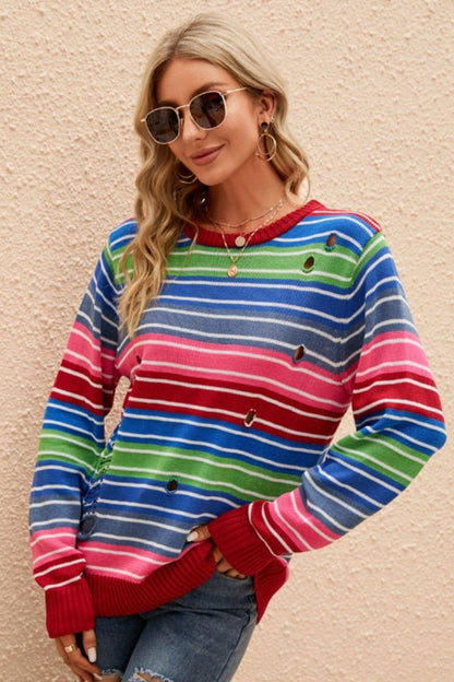 Striped v stiski pulover okrogle vratu