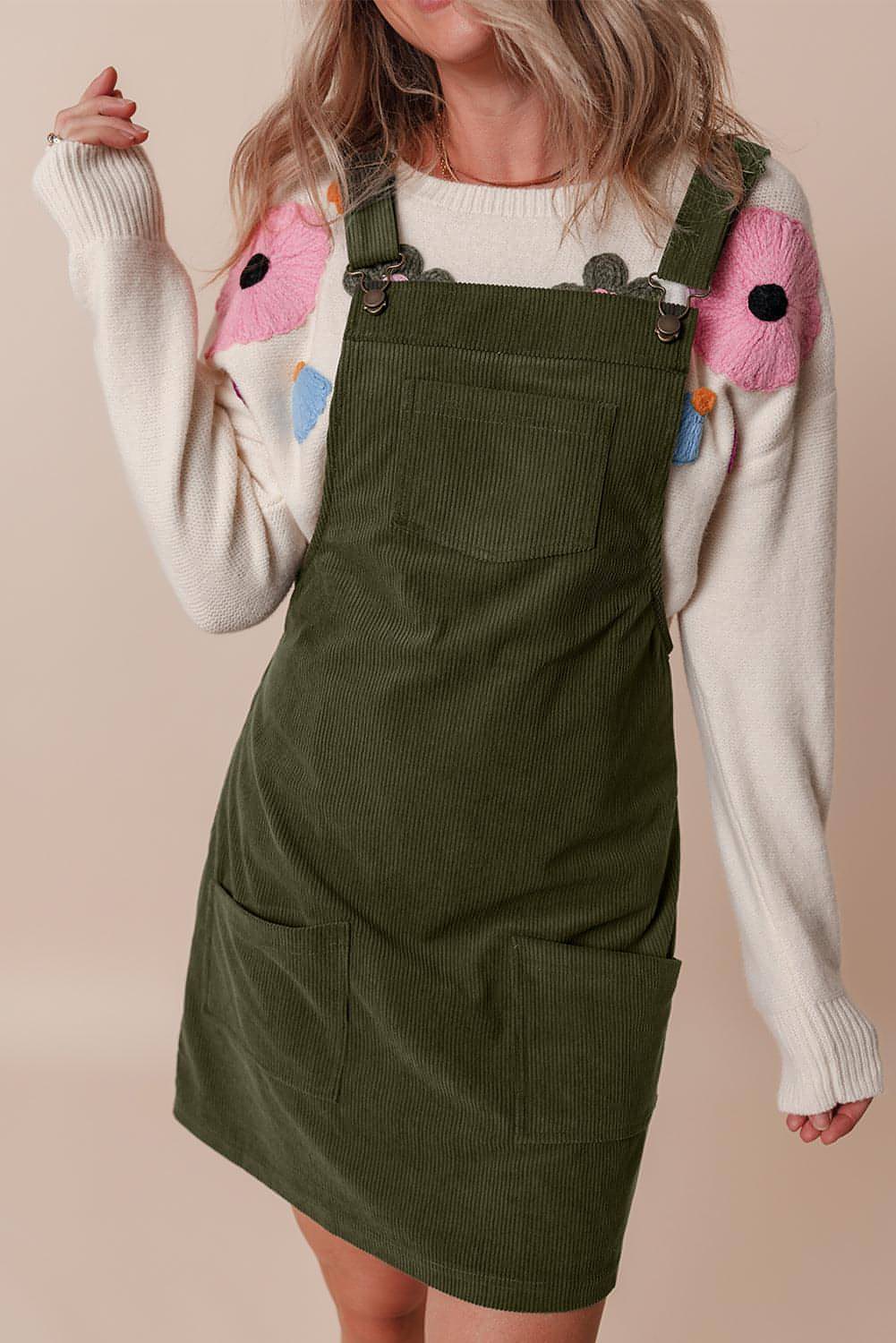 Vineyard Green Solid Frontlommer Ermeløs Corduroy Overall Dress